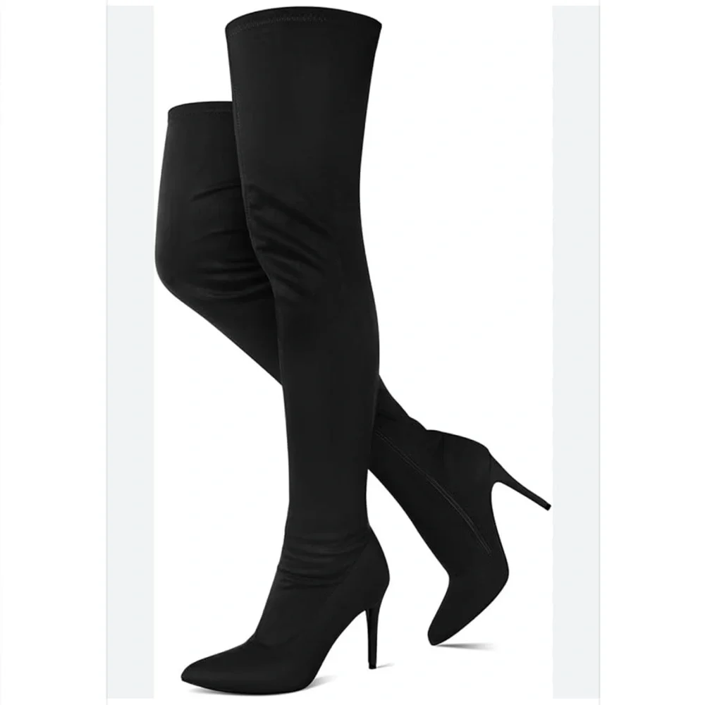 Black Pointed Toe Stiletto Over-the-Knee Thigh High Boots. Size 10